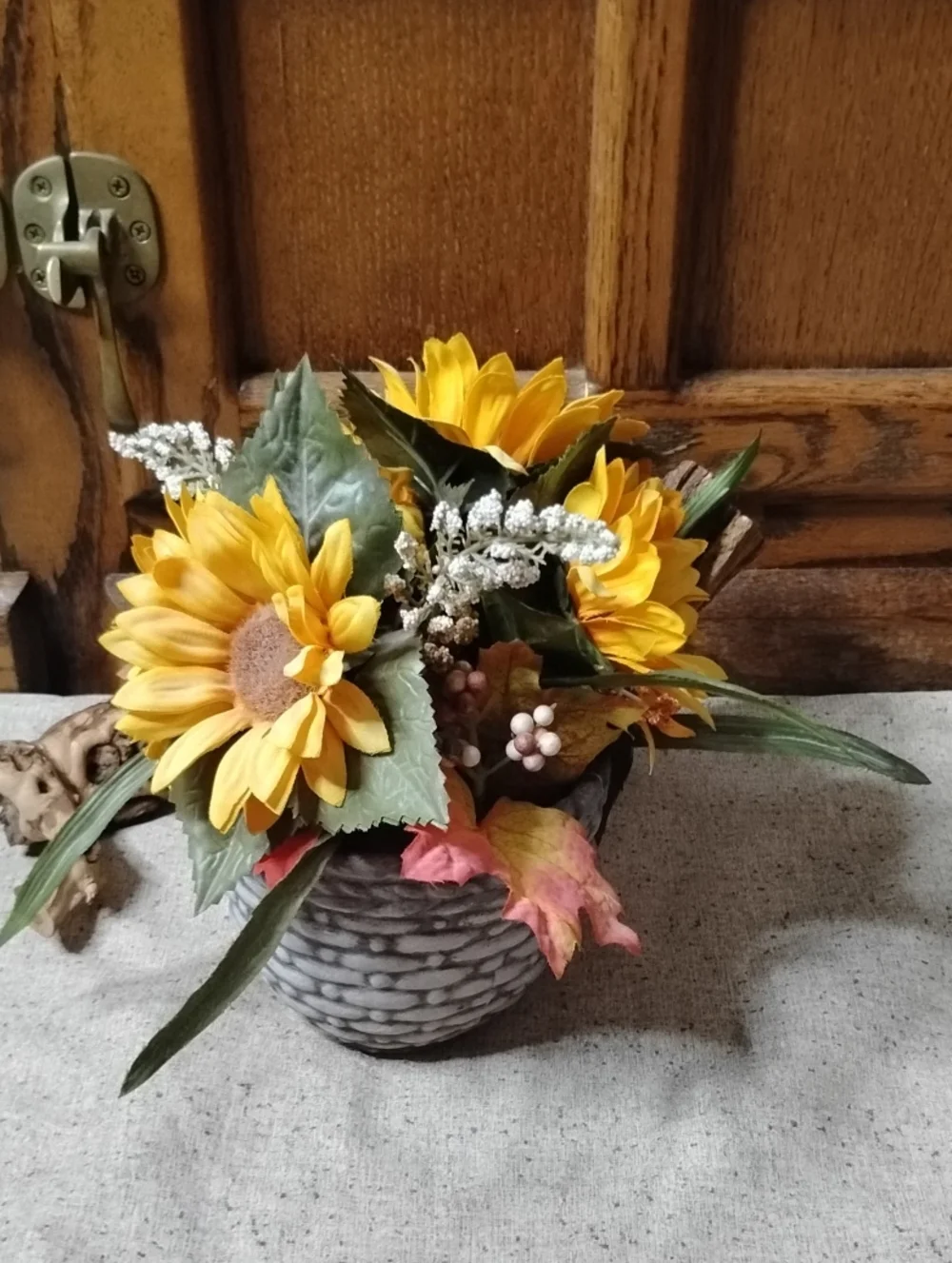 Sunflower Faux Floral Arrangement in Gray Woven Vase -